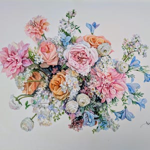 Bouquet da sposa Dipinto ad acquerello Ritratto floreale Fiori dipinti a mano Regalo per anniversario di matrimonio Grande formato