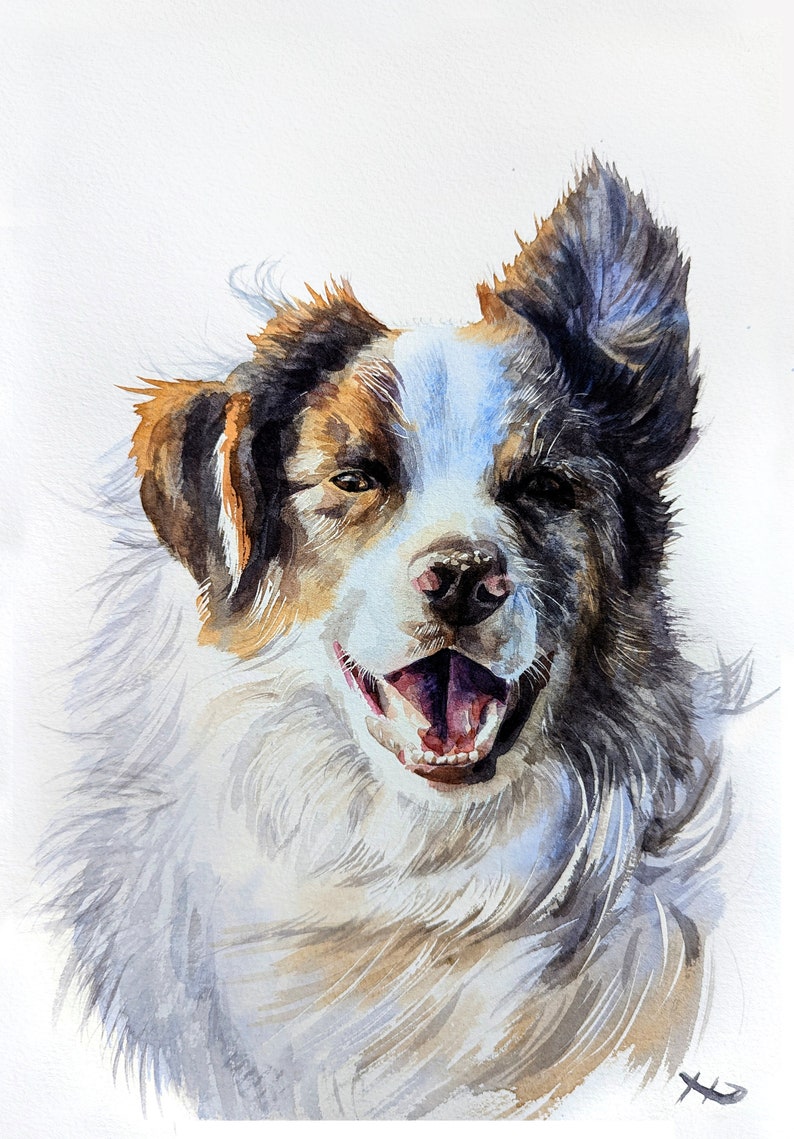 Puede incluir: Pintura acuarela de un perro marr&oacute;n, blanco y negro con una oreja levantada. El perro tiene un hocico blanco y sonr&iacute;e con la boca abierta.