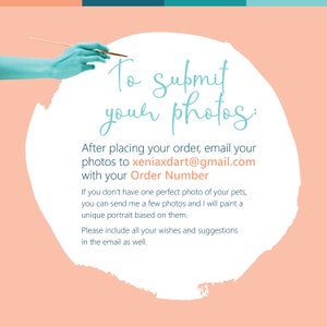 Puede incluir: Un fondo de color melocot&oacute;n con un c&iacute;rculo dibujado en azul. El c&iacute;rculo contiene el texto "To submit your photos:" e instrucciones para enviar fotos por correo electr&oacute;nico a xeniaxdart@gmail.com con su n&uacute;mero de pedido. El texto est&aacute; escrito a mano.