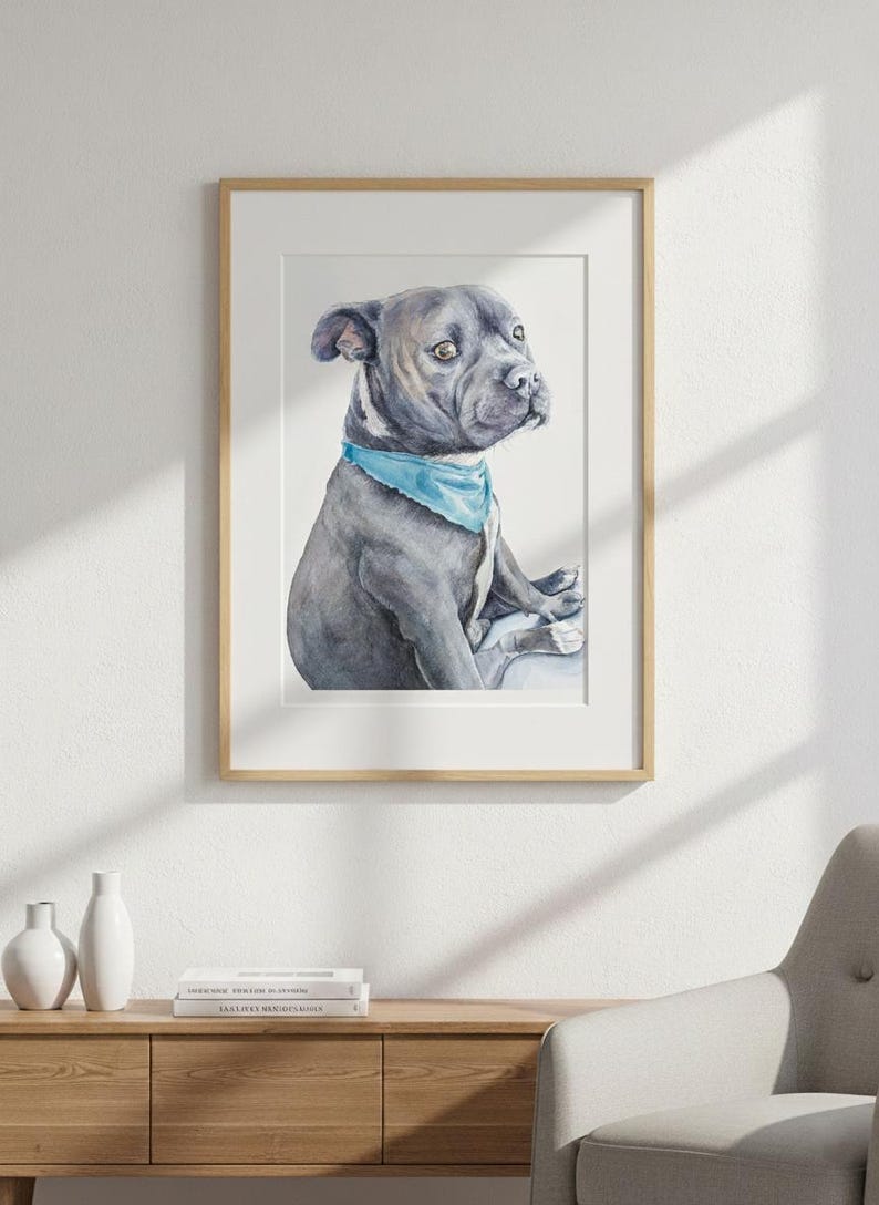 Retrato de mascota en acuarela a partir de una foto, pintura personalizada, pintada a mano, enmarcada y lista para colgar. imagen 7