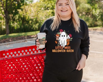Halloween Sweatshirt, Little Miss Halloween Queen Sweatshirt, Cute Halloween Sweatshirt, Cute Ghost with coffee