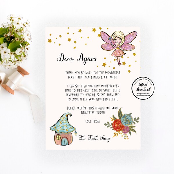 Tooth Fairy Letter Template, Editable Tooth Fairy Letter, Tooth Fairy Note, Tooth Fairy Printable, Personalized Editable Tooth Fairy Letter