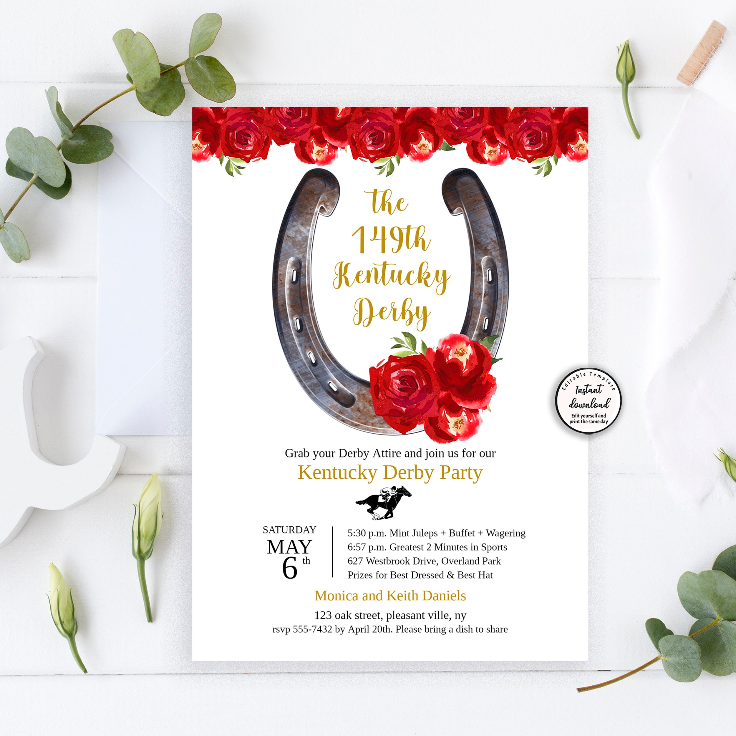 Editable Kentucky Derby Party Invitation, Red Roses, Preppy Hat Derby