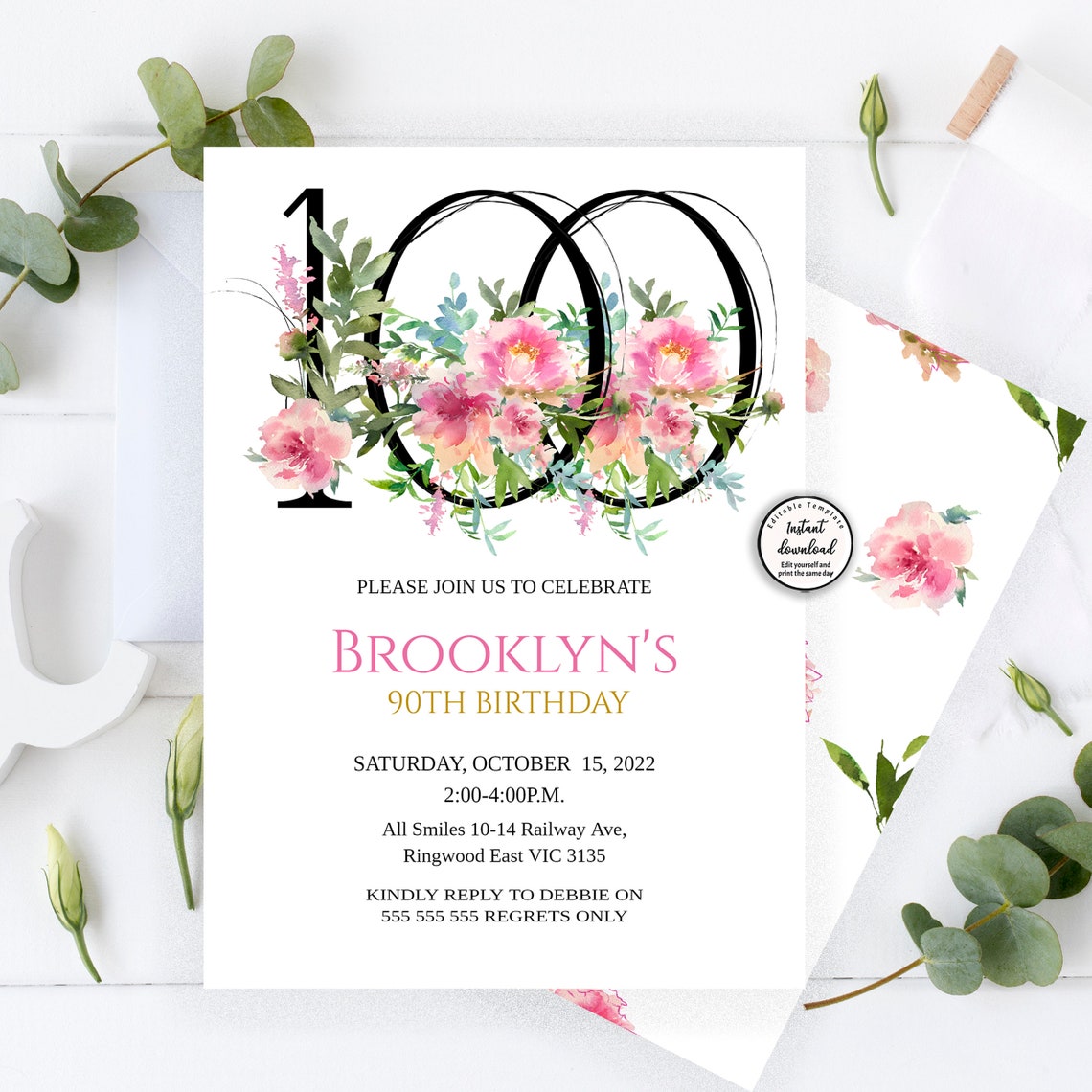 Pink Floral 100th Birthday Invitation, 100TH Birthday Invitation for Women, Floral 100th