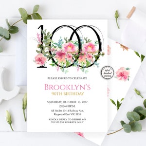 Pink Floral 100th Birthday Invitation, 100TH Birthday Invitation for ...