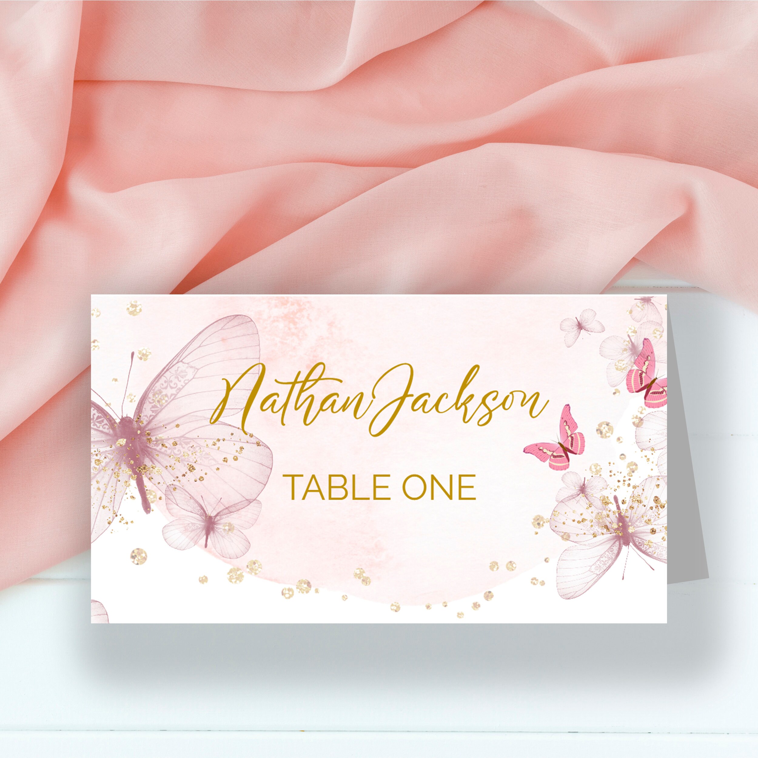 Pink and Gold Butterfly Name Place Cards Printable Girl Baptism