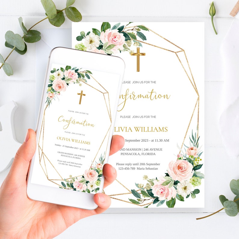 Confirmation Invitation Blush Pink Flowers Confirmation Etsy