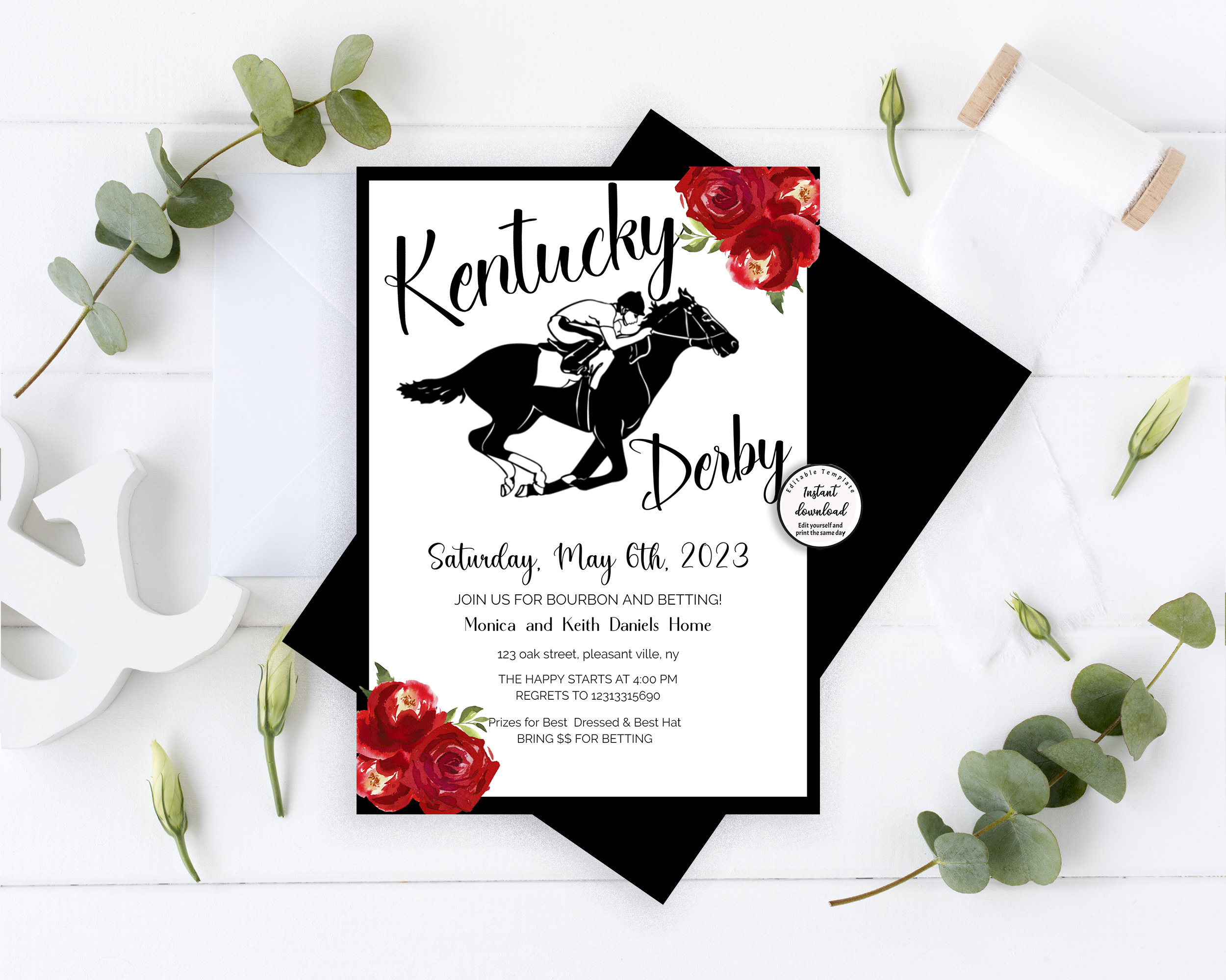 Editable Kentucky Derby Party Invitation, Red Roses, Preppy Hat Derby