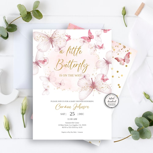 Pink Butterfly Baby Shower Invitation Template Editable Pink Etsy