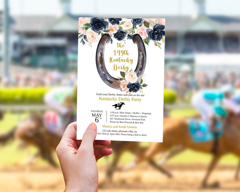 Editable Kentucky Derby Party Invitation, Blush & Navy, Preppy Hat