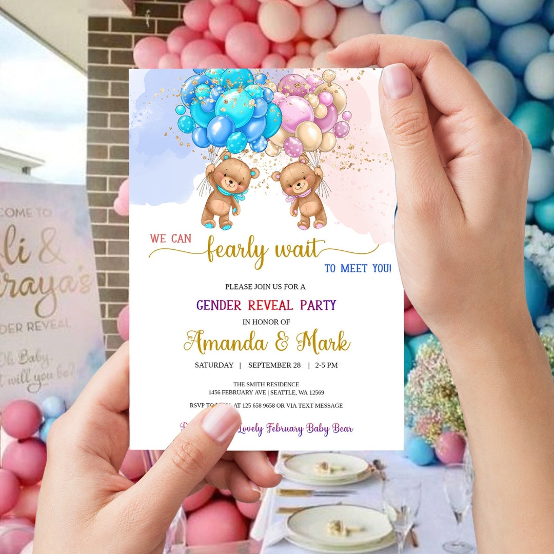 Bear He or She Gender Reveal Invitation Boy or Girl Pink and - Etsy