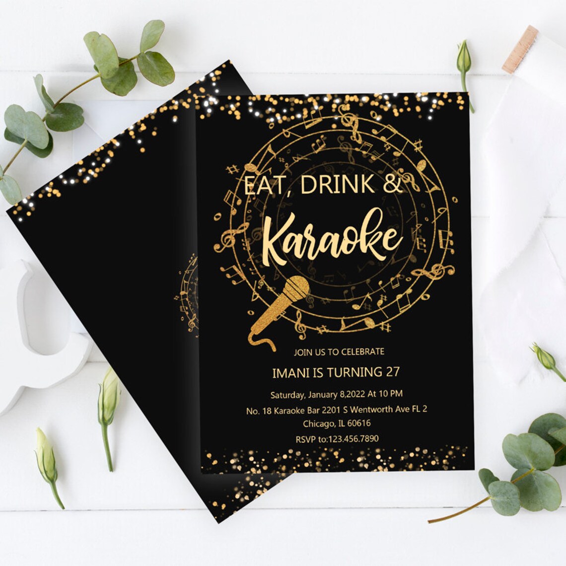 Eat, Drink &amp; Karaoke Invite, Black and Gold Musical Karaoke Birthday ...