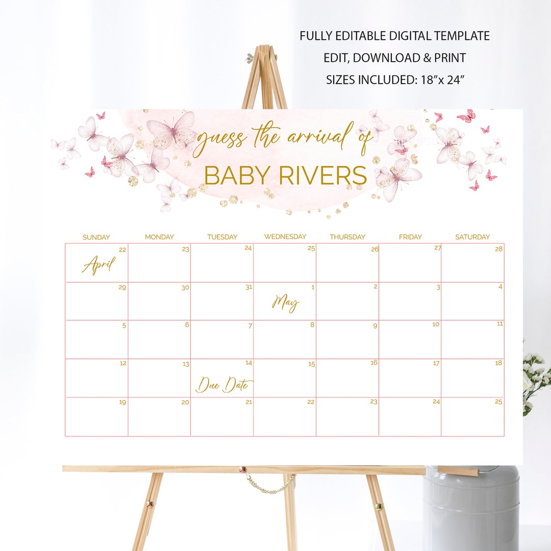 Pink Butterfly Due Date Calendar Birth Date Sign Baby Etsy