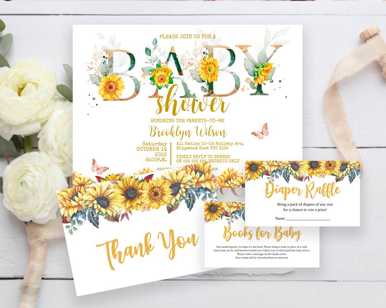 Editable Sunflower Baby Shower Invitation SET, Yellow Floral Invite