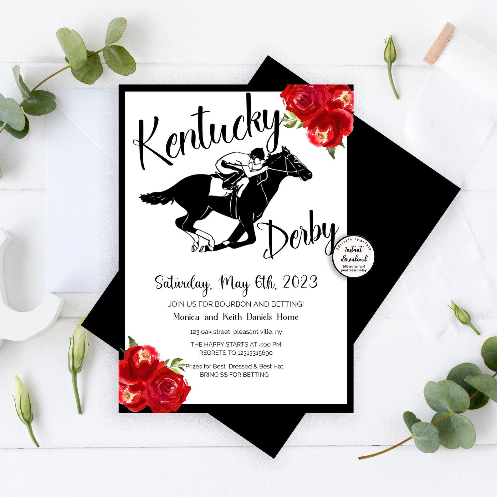 Editable Kentucky Derby Party Invitation, Red Roses, Preppy Hat Derby