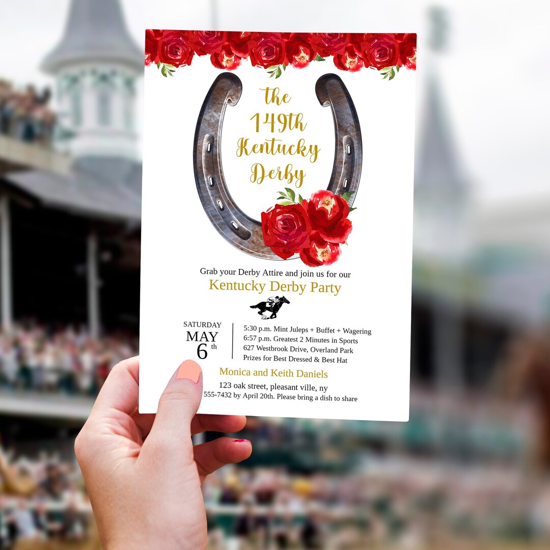 Editable Kentucky Derby Party Invitation, Red Roses, Preppy Hat Derby