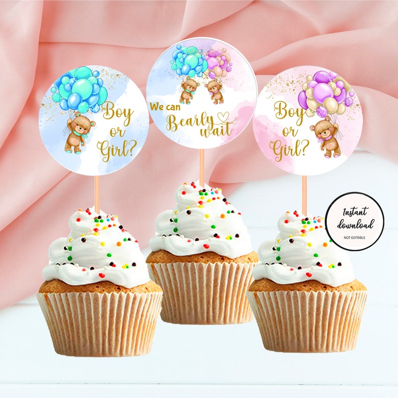 Bear Cupcake Toppers Gender Reveal Twins Bearly Wait Etsy