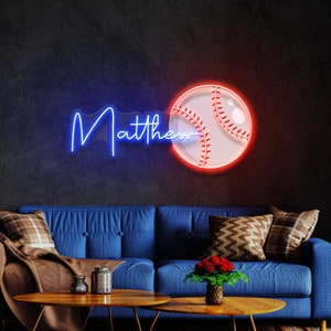 Placa de neon com nome personalizado para crianças, placa de neon de beisebol, placa de neon personalizada, decoração de quarto, decoração de quarto infantil, presente para crianças, presente de festa de aniversário, Paulo