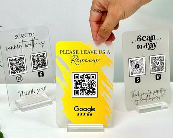 Scan to Review Connect with us Pay Plaque, QR Social Media Sign, Business Social Media QR Code Sign, Mini QR Display Sign,  Payment Method