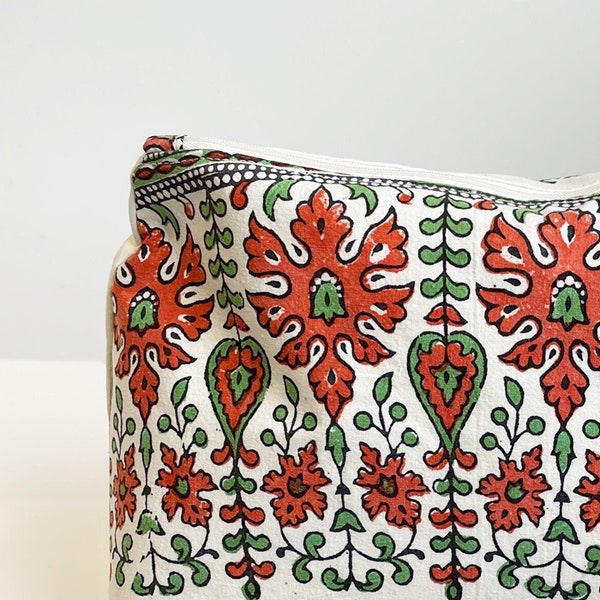 Large Wash Bag | Indian Block Print Cotton | Makeup Toiletry Cosmetics Bag | Waterproof Lining