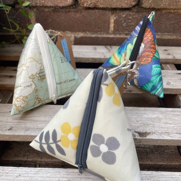Pyramid Pouch | Oilcloth | Zipped Bag | Purse | Lobster Keyring | Stocking Filler | Triangle Bag | World Map | Retro Floral | Gadget Storage