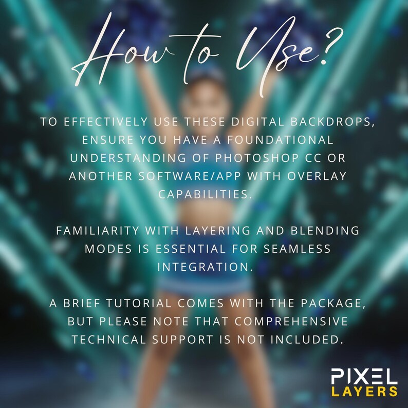 How-to guide for effectively using digital backdrops in photo editing software like Photoshop or Canva. Designed for users familiar with layers and blending modes to create seamless cheerleading and sports photo edits.