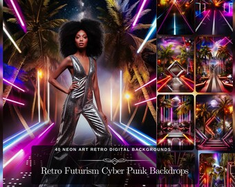 Retro Futurismus Dekor Cyber Punk: 40 Neon Art Digitaler Hintergrund mit Neon Palmen und Stadtlichtern Sci Fi Requisiten für die Disco Style Fotobearbeitung