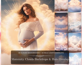 30 Maternity Photo and 10 Halo Ring Overlay: Angelic Skies Overlays, Clouds Backdrop & Fine Art Textures as Future Mothers Backdrops