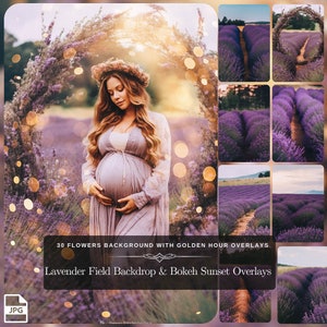 French Lavender Backdrop & Bokeh Light Overlays: 30 Premade Backdrop Set Flower Background and 10 Golden Hour Sunset Overlay for Photography
