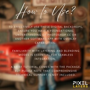 Instructional image explaining how to use the digital backdrops. It advises users on the importance of understanding Photoshop CC or similar software with overlay capabilities.