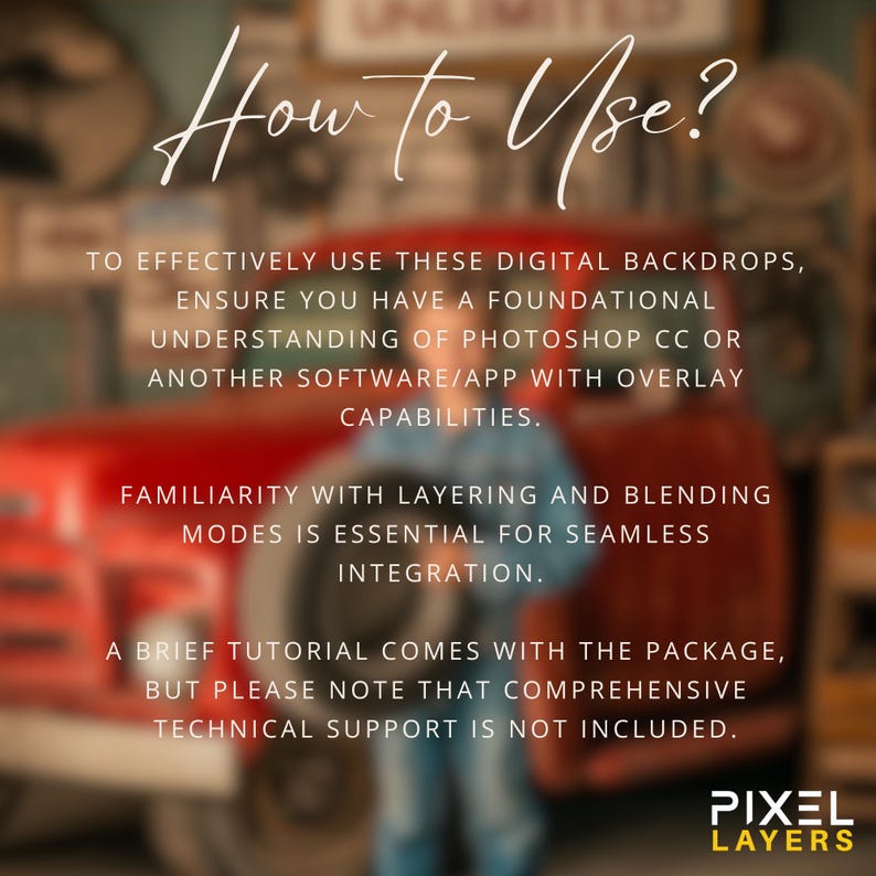 Instructional image explaining how to use the digital backdrops. It advises users on the importance of understanding Photoshop CC or similar software with overlay capabilities.
