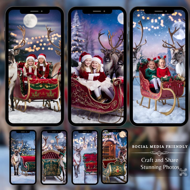 Various portrait aspect ratio images of children in a festive sleigh with reindeer, optimized for social media. Each backdrop brings the Christmas spirit to life, making them perfect for holiday backdrop photography with Santa's sleigh.