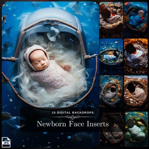 以下が含まれることがあります： 新生児の写真撮影用のデジタル背景15点。バスケット、ボート、貝殻など、さまざまな水中シーンが描かれています。画像には「Newborn Face Inserts」というテキストが表示されています。