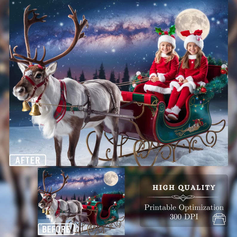 A high-resolution Santa sleigh with reindeer in a snowy field under a starlit sky, optimized for photo editing. This Christmas Eve background with large dimensions is ideal for professional-quality festive projects or holiday cards.