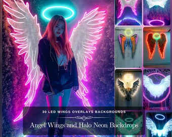 Neon Fantasy: 30 Angel Wings Neon Backdrops with Neon Wings & Halos - Perfect for Photography and Fantasy Art, Includes LED Wings Overlays