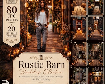 Rustic Barn Doors Farmhouse Backdrop: 80 Rustic Backdrops with 20 Sunset Lens Flare Overlay as Countryside Painting Photography Backdrop