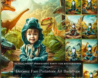 Editable Background Dinosaur Face Prehistoric Art: 30 Digital Backdrop with Face Insert, Perfect for Prehistoric Party Fun - Kids Love It!