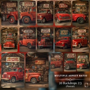Collection of vintage red truck photos displayed in multiple aspect ratios, featuring the same Speed Unlimited themed garage setting. Each photo captures the classic truck from different angles and lighting, showcasing its rustic charm.