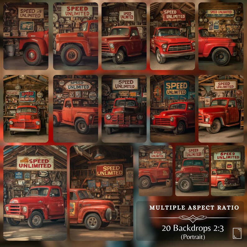 Collection of vintage red truck photos displayed in multiple aspect ratios, featuring the same Speed Unlimited themed garage setting. Each photo captures the classic truck from different angles and lighting, showcasing its rustic charm.