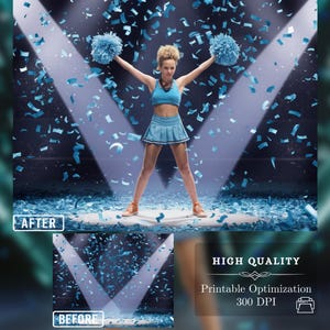 High-quality cheerleader digital backdrops optimized for print at 300 DPI, featuring blue confetti and dramatic lighting. Ideal for creating custom sports posters, memory mates, and cheer photo edits with professional results.