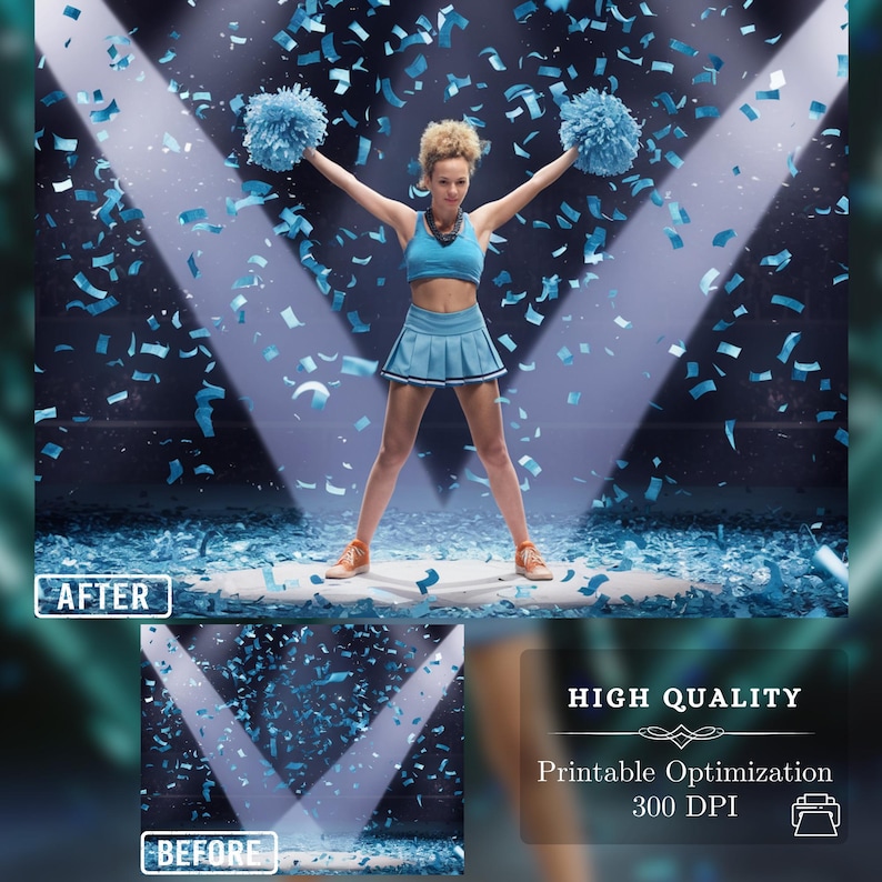 High-quality cheerleader digital backdrops optimized for print at 300 DPI, featuring blue confetti and dramatic lighting. Ideal for creating custom sports posters, memory mates, and cheer photo edits with professional results.