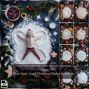 Fondo digital navideño con ángel de nieve y harina: 40 superposiciones de nieve y tabla de cortar digital para fiestas compuestas en Photoshop Descarga instantánea de archivos JPG