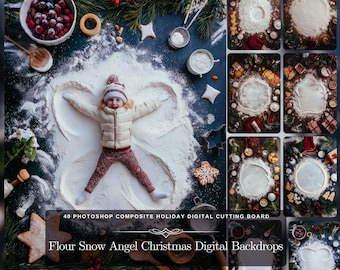 Flour Snow Angel Christmas Digital Backdrop: 40 Photoshop Composite Holiday Digital Cutting Board & Snow Overlay Instant Download JPG Files
