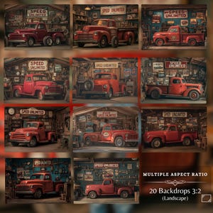 Set of landscape-oriented backdrops featuring a vintage red truck in a nostalgic garage setting. The images emphasize the Speed Unlimited sign, vintage tools, and memorabilia, providing a perfect environment for automotive-themed digital creations.