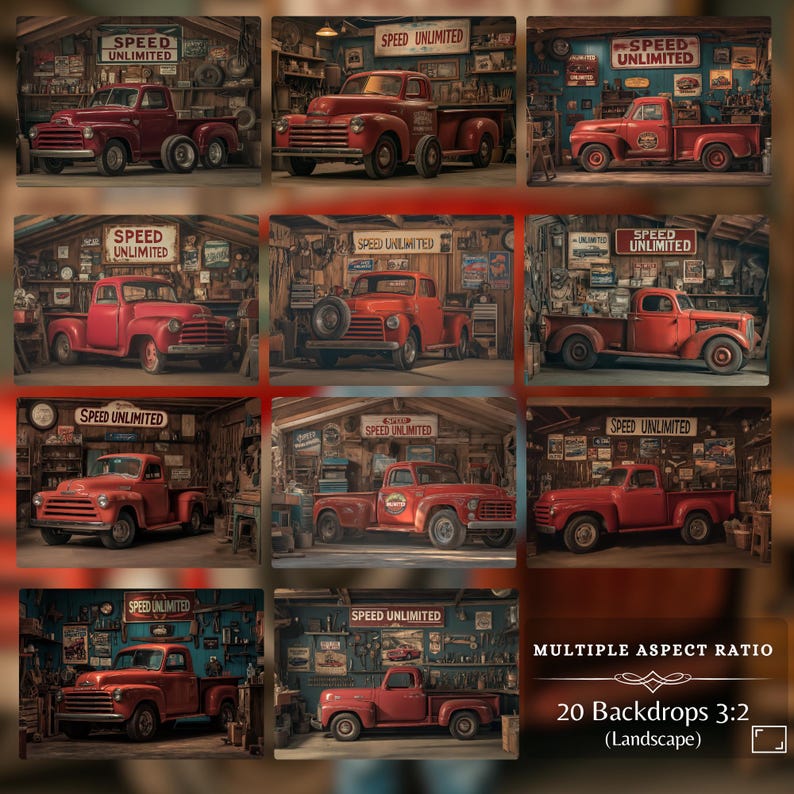 Set of landscape-oriented backdrops featuring a vintage red truck in a nostalgic garage setting. The images emphasize the Speed Unlimited sign, vintage tools, and memorabilia, providing a perfect environment for automotive-themed digital creations.