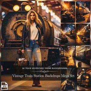 Fondo digital de estación de tren antigua: fondo de 60 vibraciones de vagones de tren antiguos como tema de aventura, accesorios fotográficos divertidos o papel digital de viaje