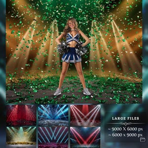 Cheerleader standing confidently in front of a confetti-filled backdrop with dramatic lighting effects. Ideal for creating cheer posters, senior sports banners, and customizable dance routine photo edits in large file sizes.