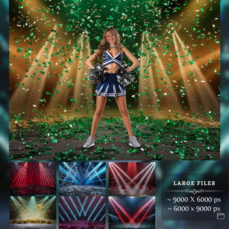 Cheerleader standing confidently in front of a confetti-filled backdrop with dramatic lighting effects. Ideal for creating cheer posters, senior sports banners, and customizable dance routine photo edits in large file sizes.