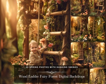 Wood Ladder Fairy Forest Digital Backdrops: 30 Spring Photo with Hanging Swing Old Tree & Evergreen Forest for Photo Manipulation JPG Files