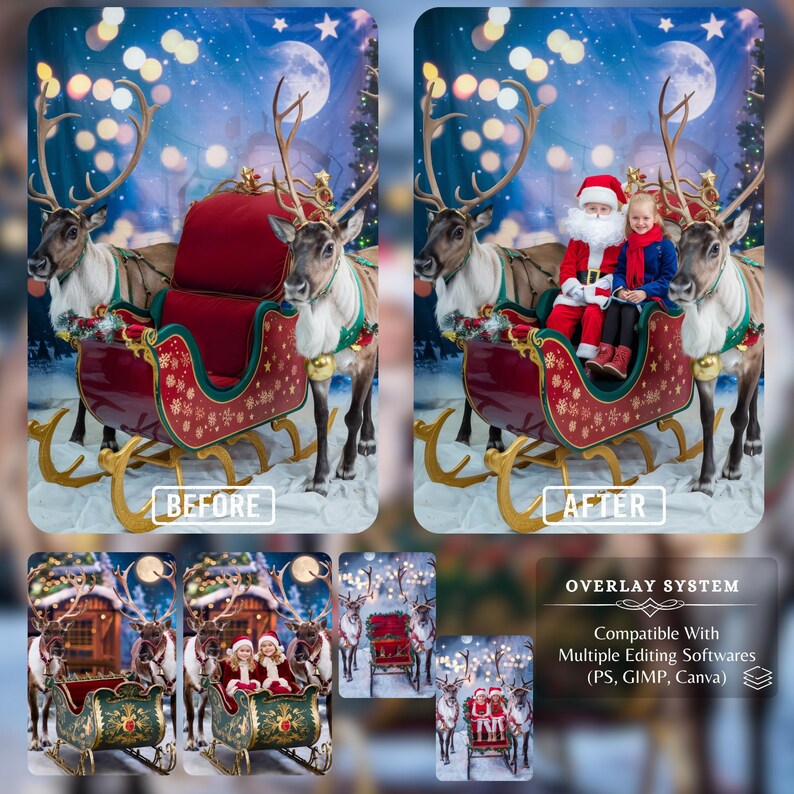 A before-and-after view of a child in Santa's sleigh, showing how the digital backdrop can transform a regular image into a magical Christmas scene with reindeer and snow. This background is perfect for easy photo editing.